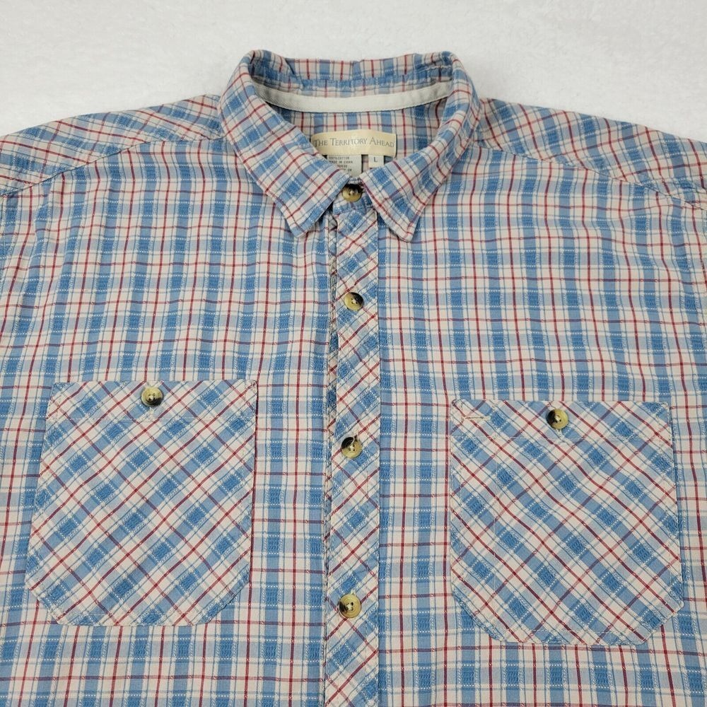 Territory Ahead Button Down Shirt Red White Blue Plaid Mens Large L Long Sleeve